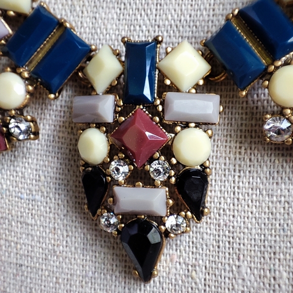 J. Crew Art Deco Revival Brass Tone Necklace Lifesaver Clasp Navy Lavender EUC - Picture 5 of 10